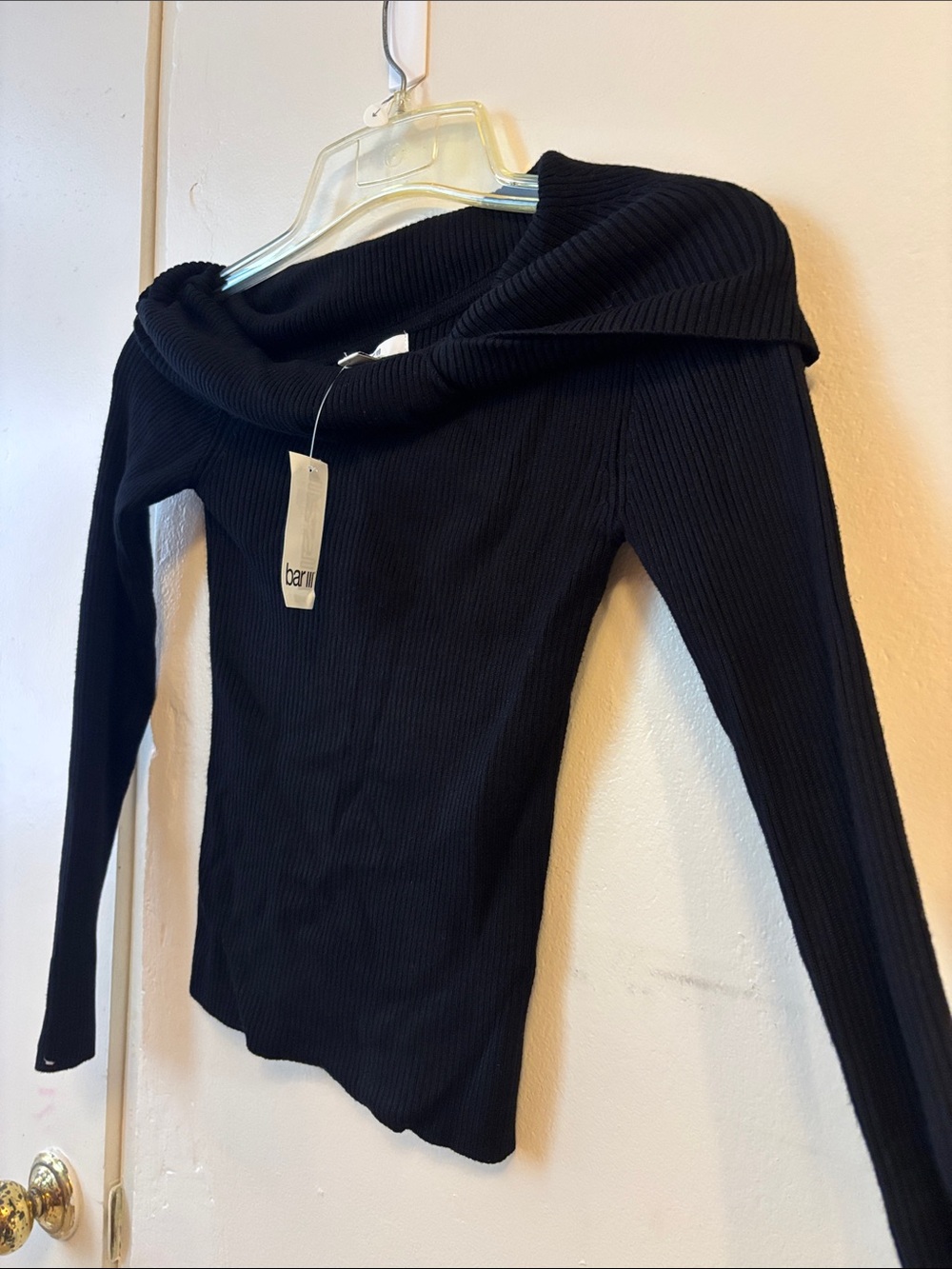 Bar III Black Off-Shoulder Ribbed Long Sleeve Top - Picture 3 of 5